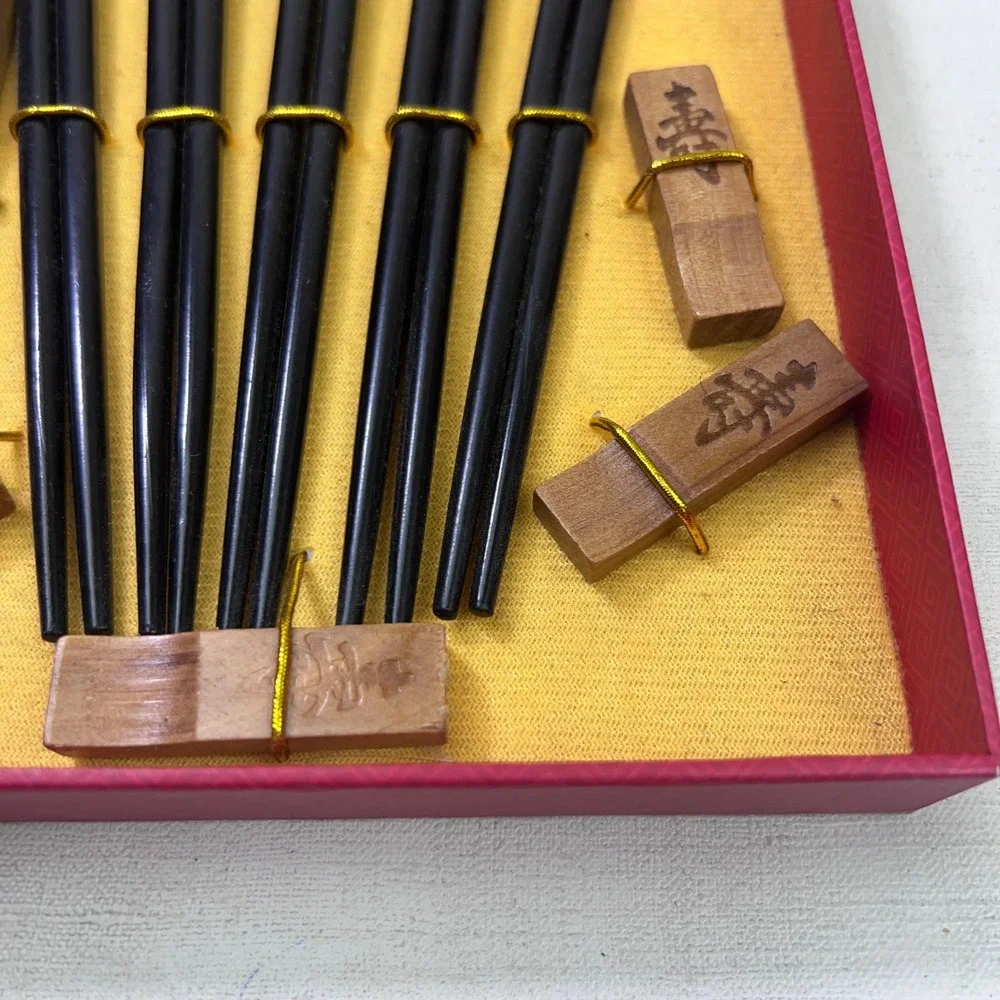 5 Pair Black Wood Chopstick Set with Calligraphy and Rests in Box
